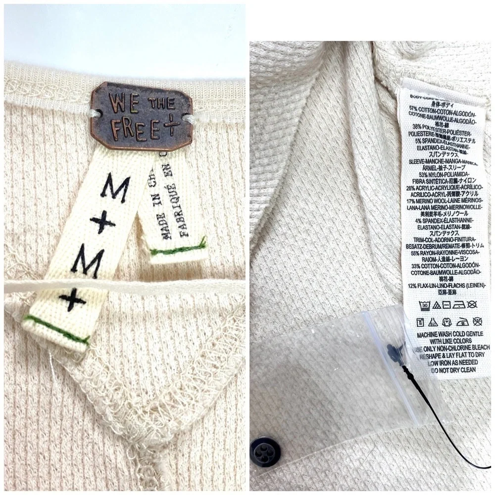 FREE People We the Free Art school cuff V-Neck Thermal Shirt Cream Sz M